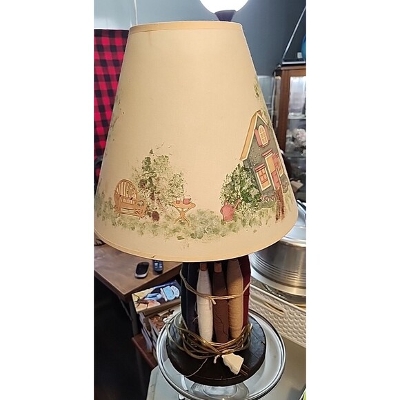 Handmade Folk Art Lamp Rustic Wood Base Textile Spools Painted Cottage Shade - Picture 10 of 13